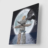 飛んでいるなカラス、Inukshukおよび満月の写真の芸術 スクエア壁時計 (傾斜)