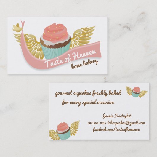 飛んでいるなピンクのカップケーキの天使によっては鳥のパン屋のベーキングが飛びます 名刺 (正面/裏面)