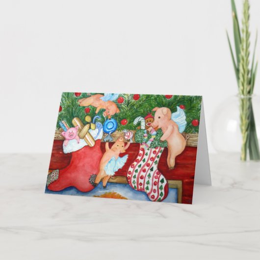 飛んでいるなブタの物のストッキング シーズンカード (正面)