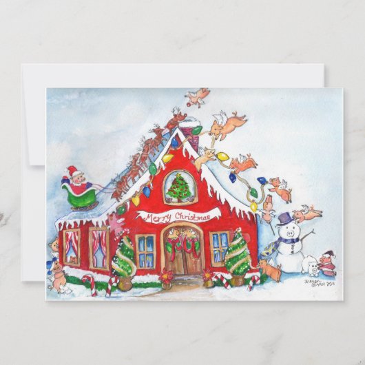 飛んでいるなブタはクリスマスの招待状のために飾ります 招待状 (正面)