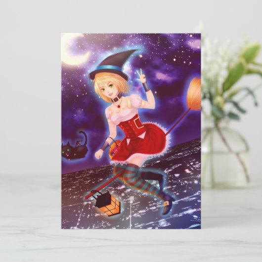 飛んでいるなペット猫を持つかわいい日本製アニメの魔法使いの女の子 招待状 (スタンド正面)