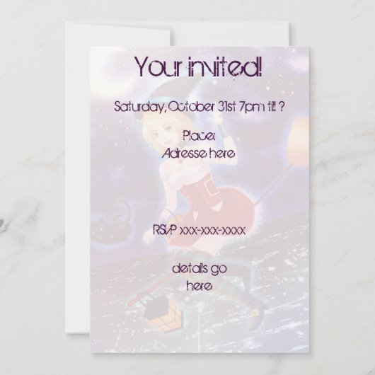 飛んでいるなペット猫を持つかわいい日本製アニメの魔法使いの女の子 招待状 (裏面)