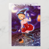 飛んでいるなペット猫を持つかわいい日本製アニメの魔法使いの女の子 招待状 (正面/裏面)