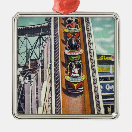 飛んでいるな回転乗車をたどって行くカップル メタルオーナメント (正面)