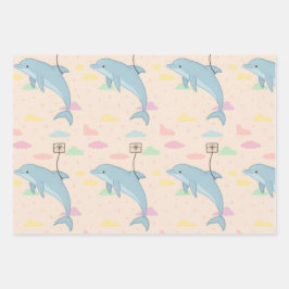 飛んでいるイルカの手紙イラストレーション ラッピングペーパーシート