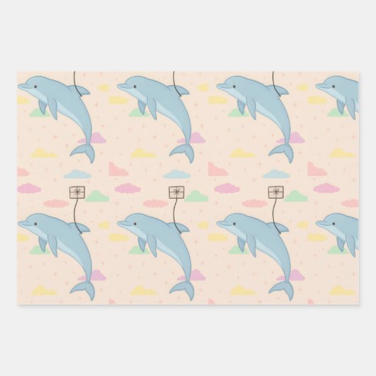 飛んでいるイルカの手紙イラストレーション ラッピングペーパーシート (正面)