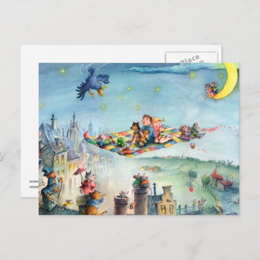 飛んでいるカーペットに乗る – 子供のはがき ポストカード (正面/裏面)