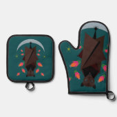 飛んでいるキツネティール（緑がかった色） 鍋つかみ&鍋敷きセット (正面)