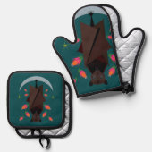 飛んでいるキツネティール（緑がかった色） 鍋つかみ&鍋敷きセット (正面/裏面)