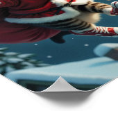 飛んでいるクリスマス猫サンタ(プレゼントと魔法) ポスター (角)