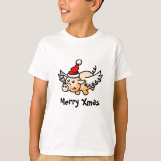 飛んでいるクリスマス豚Tシャツ Tシャツ