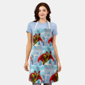 飛んでいるスーパーヒーロー漫画スタイルレッド&イエローヒーロー エプロン (着用した状態)