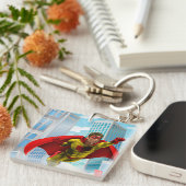 飛んでいるスーパーヒーロー漫画スタイルレッド&イエローヒーロー キーホルダー (正面右)