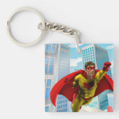 飛んでいるスーパーヒーロー漫画スタイルレッド&イエローヒーロー キーホルダー (正面)