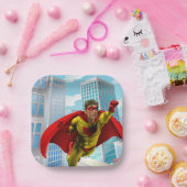 飛んでいるスーパーヒーロー漫画スタイルレッド&イエローヒーロー ペーパープレート (パーティー)