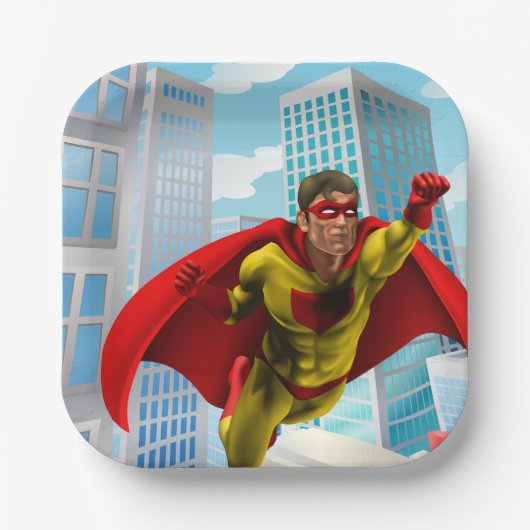 飛んでいるスーパーヒーロー漫画スタイルレッド&イエローヒーロー ペーパープレート (正面)