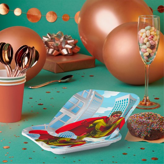 飛んでいるスーパーヒーロー漫画スタイルレッド&イエローヒーロー ペーパープレート