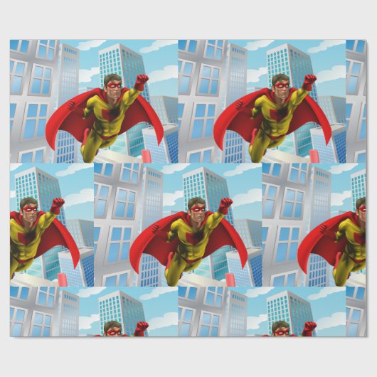 飛んでいるスーパーヒーロー漫画スタイルレッド&イエローヒーロー ラッピングペーパー (フラット)