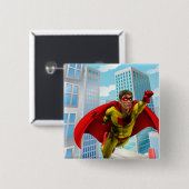 飛んでいるスーパーヒーロー漫画スタイルレッド&イエローヒーロー 缶バッジ (正面&裏面)