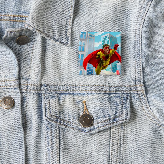 飛んでいるスーパーヒーロー漫画スタイルレッド&イエローヒーロー 缶バッジ