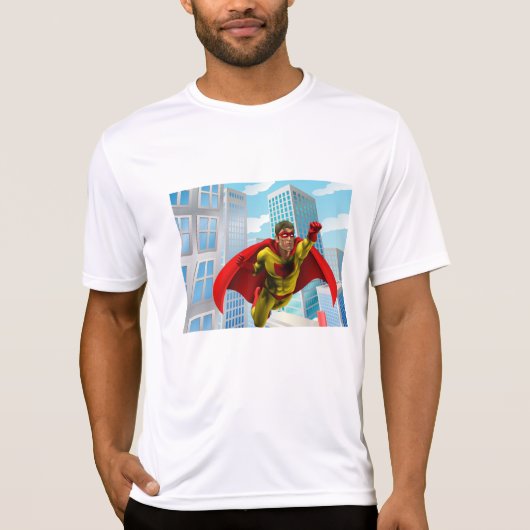 飛んでいるスーパーヒーロー漫画スタイルレッド&イエローヒーロー Tシャツ (正面)