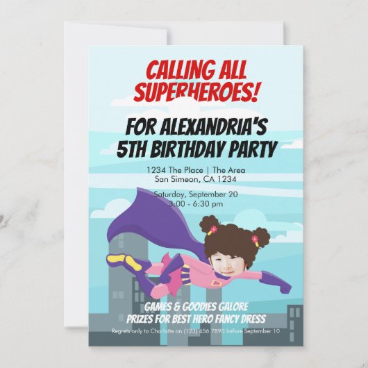 飛んでいるスーパーヒーロー漫画誕生日パーティー(女の子) 招待状 (正面)