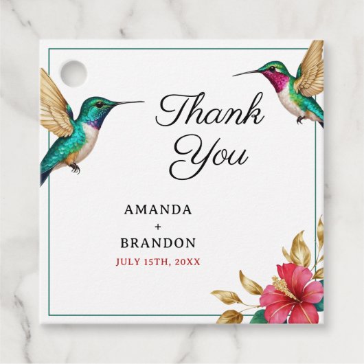 飛んでいるハチドリ赤い熱帯結婚花 フェイバータグ (正面)