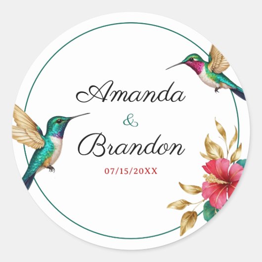 飛んでいるハチドリ赤い熱帯結婚花 ラウンドシール (正面)