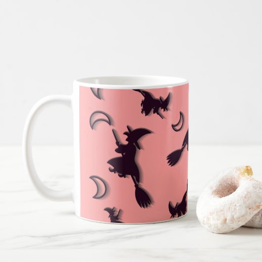 飛んでいるハロウィーンの夜3Dで半月の間の魔女 コーヒーマグカップ (ドーナツ)