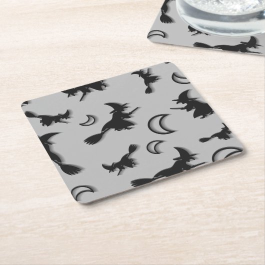 飛んでいるハロウィーンの夜3Dで半月の間の魔女 スクエアペーパーコースター (アングル)