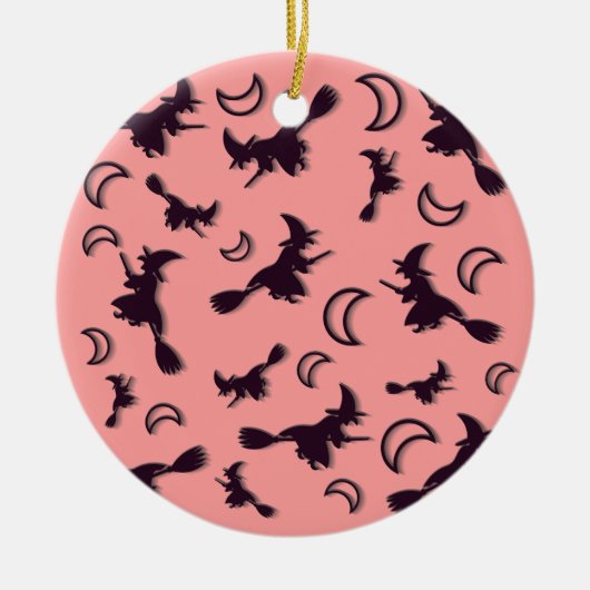 飛んでいるハロウィーンの夜3Dで半月の間の魔女 セラミックオーナメント (正面)