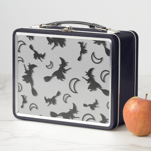 飛んでいるハロウィーンの夜3Dで半月の間の魔女 メタルランチボックス (インサイチュ)