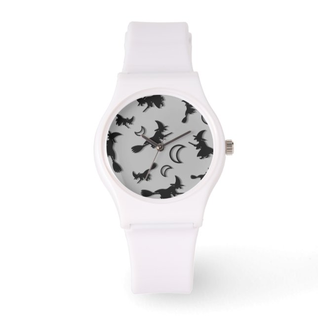 飛んでいるハロウィーンの夜3Dで半月の間の魔女 腕時計 (正面)