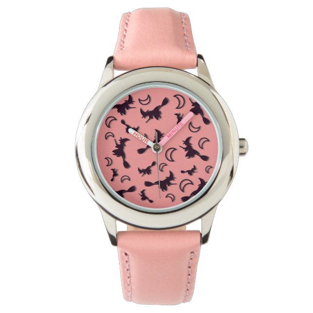 飛んでいるハロウィーンの夜3Dで半月の間の魔女 腕時計 (正面)