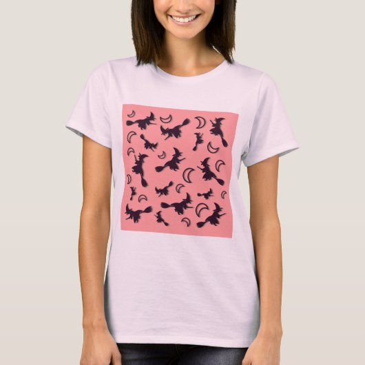 飛んでいるハロウィーンの夜3Dで半月の間の魔女 Tシャツ (正面)