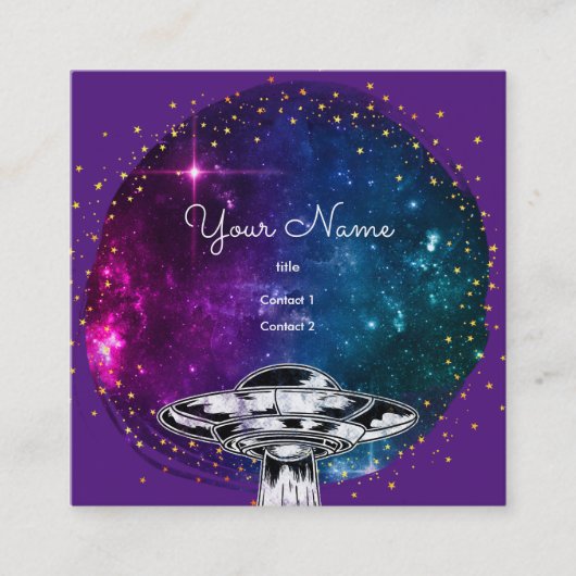 飛んでいる銀河系の紫色のソーサー芸術的 スクエア名刺 (正面)