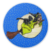 飛んでいる魔女おもしろい黒猫ムーンスターハロウィン セラミックノブ (正面)