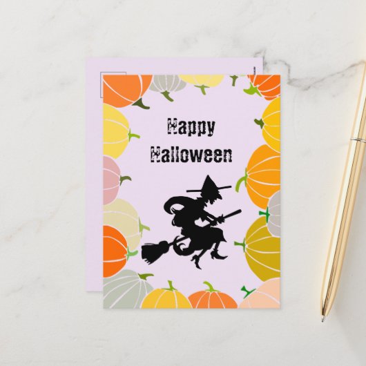 飛んでいる魔女オレン不気味ジのカボチャ シーズンポストカード (正面/裏面インサイチュ)