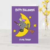 飛んでいる魔女ハロウィーン カード (黄色い花)
