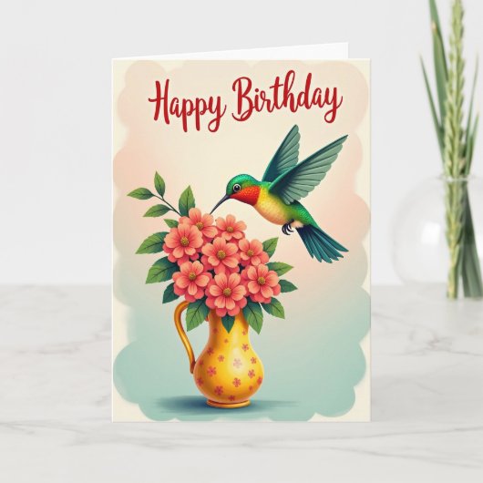 飛んでいる鳥の誕生日フラワーカード カード (正面)