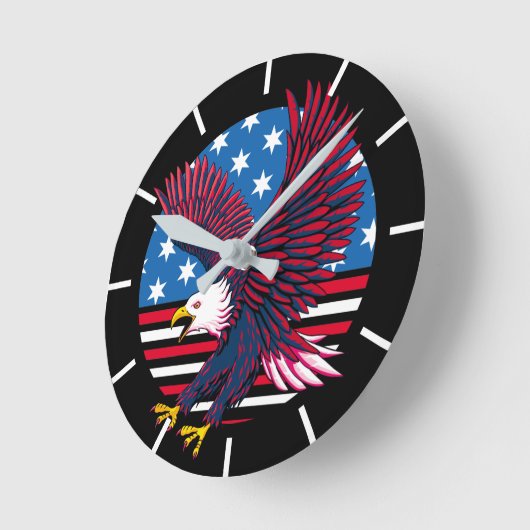 飛んでいる鷲とアメリカ国旗 ラウンド壁時計 (傾斜)