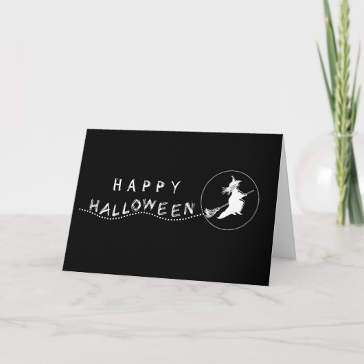 飛んでいるWitch Halloween Greeting Card、Black and Wh カード (正面)