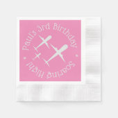 飛エレガントパーソナライズされた行機、ピンク子供の誕生日 縁ありカクテルナプキン (正面)