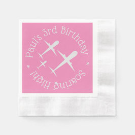 飛エレガントパーソナライズされた行機、ピンク子供の誕生日 縁ありカクテルナプキン