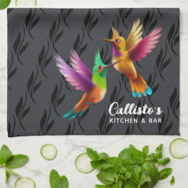 飛カラフル行中のハチドリ キッチンタオル