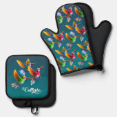 飛カラフル行中のハミングバード 鍋つかみ&鍋敷きセット (正面/裏面)