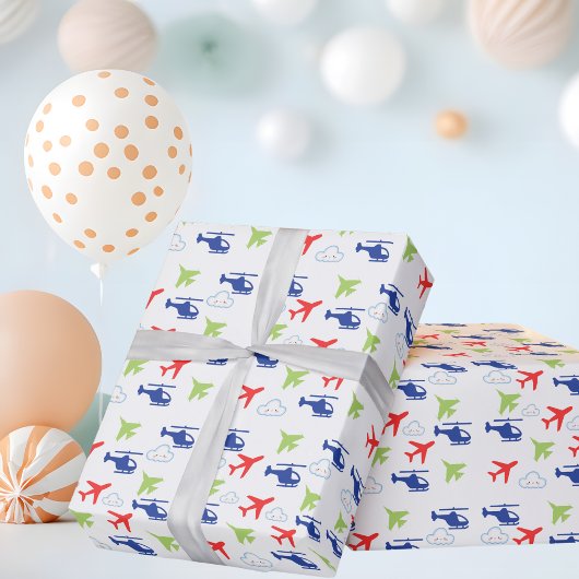 飛カラフル行機&雲かわいい飛行士誕生日 ラッピングペーパー