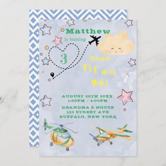 飛来ぶ飛行機で男の子の誕生日パーティーAnno 案内状 (正面/裏面)