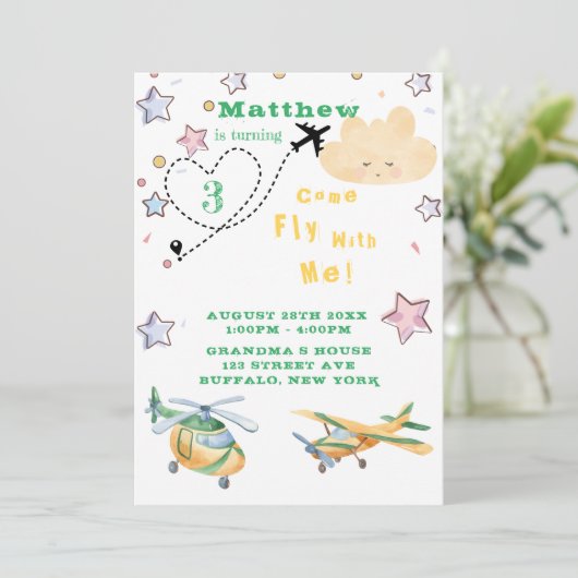 飛来ぶ飛行機の男の子の誕生日パーティー 案内状 (スタンド正面)