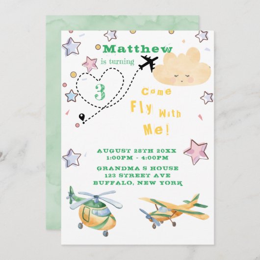 飛来ぶ飛行機の男の子の誕生日パーティー 案内状 (正面/裏面)